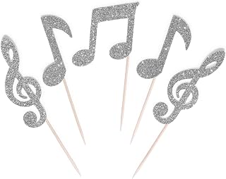 12 Pack Silver Musical Notes Cupcake Toppers, Music Cake Decor, Birthday Party Wedding Topper Set, Handmade