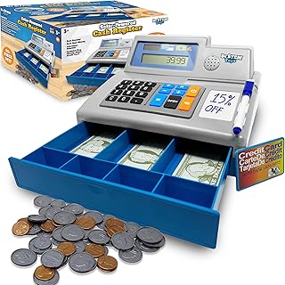 Dr. STEM Toys Pretend & Play Calculator Cash Register with Play Money – Solar Powered, 67-Piece Set for Learning Math Skills, STEM Cash Register for Kids (Gray)