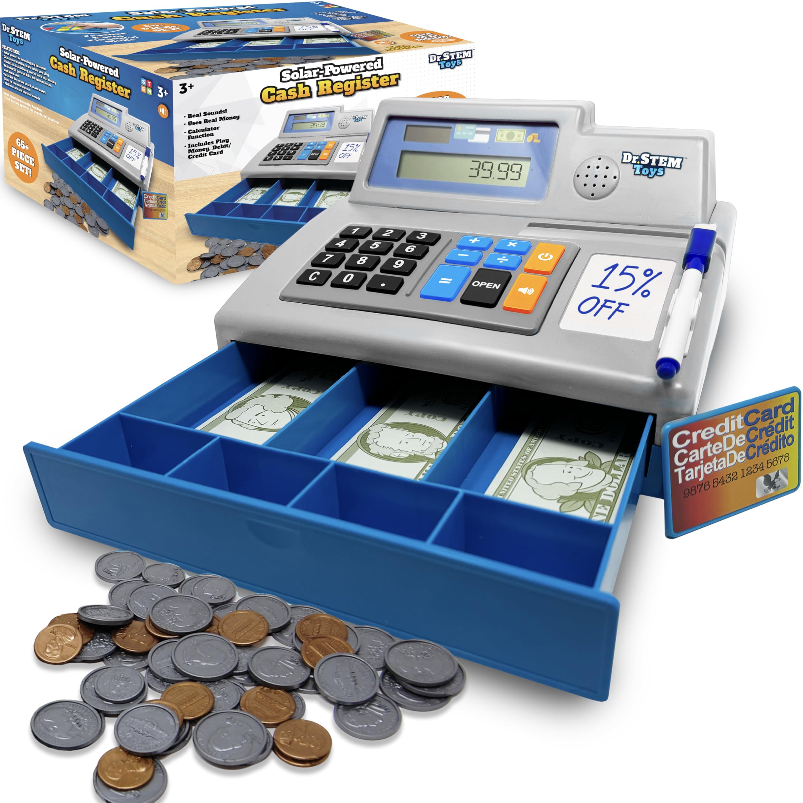 Dr. STEM Toys Pretend & Play Calculator Cash Register with Play Money – Solar Po