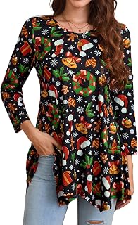 Enmain Women's Tunic Long Plus Size 3/4 Sleeve Blouse Chic Elegant V-Neck Patterned Tunic Solid Color Loose Top for Women