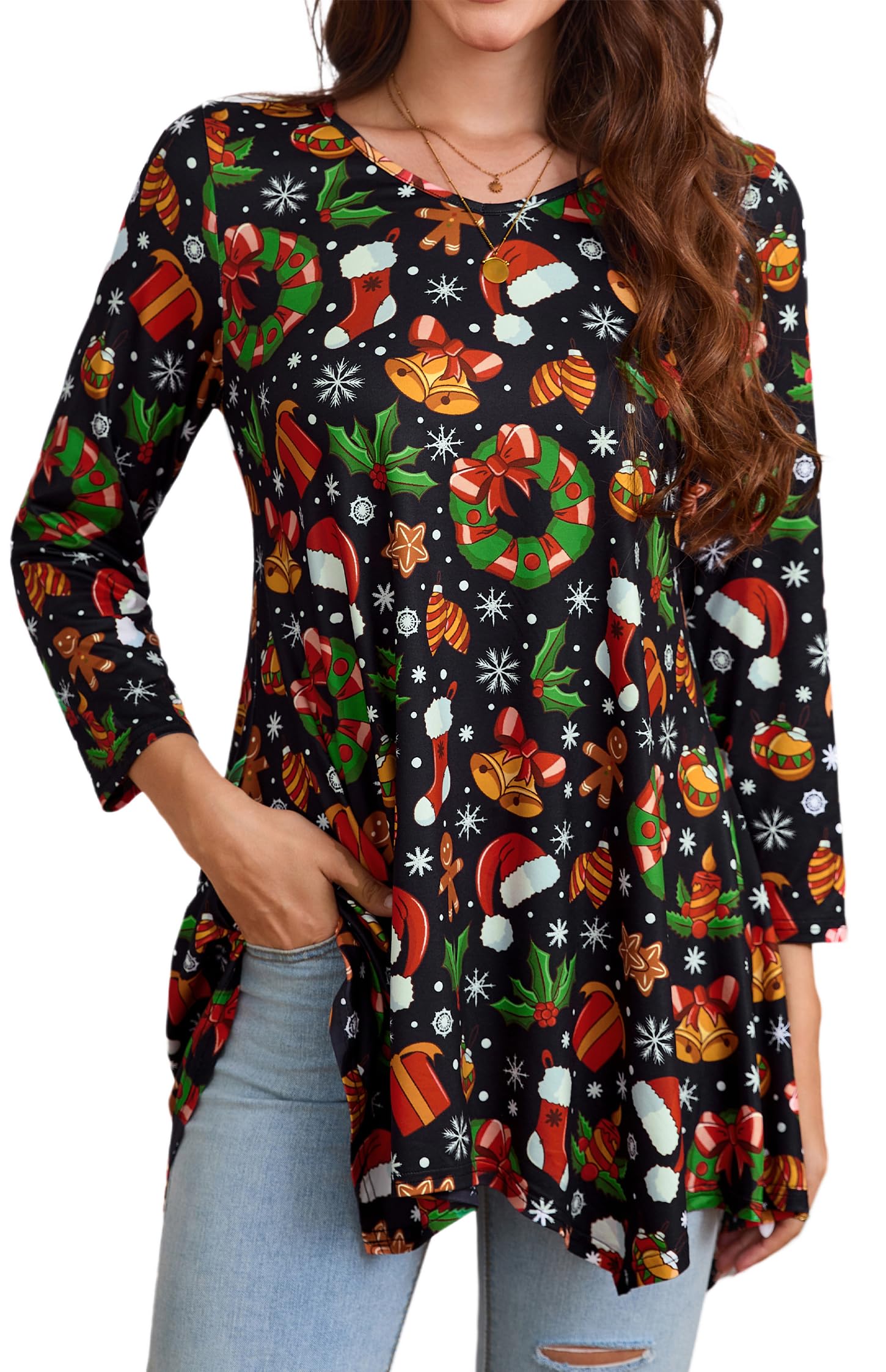 Enmain Women's Tunic Long Plus Size 3/4 Sleeve Blouse Chic Elegant V-Neck Patter