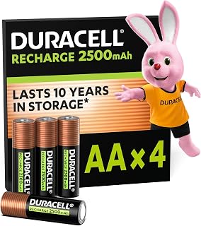DURACELL AA Rechargeable Batteries (4 Pack) 1.2V, 2500 mAh NiMH | Pre-Charged - High Capacity Rechargeable Double A Battery - For gaming controllers - 0% Plastic Packaging