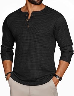 Ekouaer Mens Long Sleeve Shirt Waffle Knit Henley Tops S-XXL | round neck with three buttons, autumn/winter basic layering pieces, soft, classic smart casual style