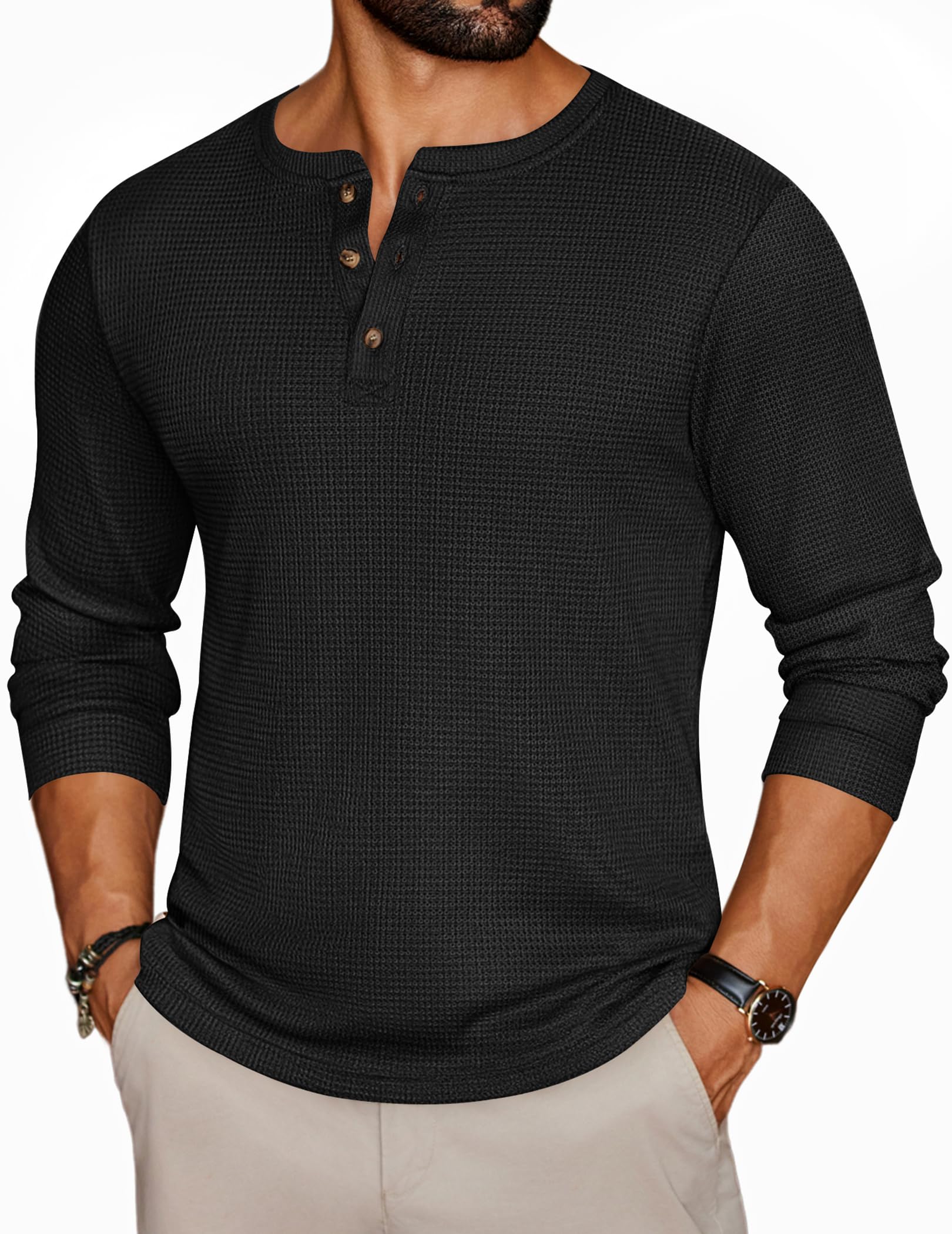 Ekouaer Mens Long Sleeve Shirt Waffle Knit Henley Tops S-XXL | round neck with t