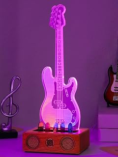 CoolGift Mart Glowing Guitar Pick Holder, Acrylic Bass Guitar Pick Holder with Audio Styling Wooden Base for Picks Storage and Display, Gift for Guitar Players & Guitarists