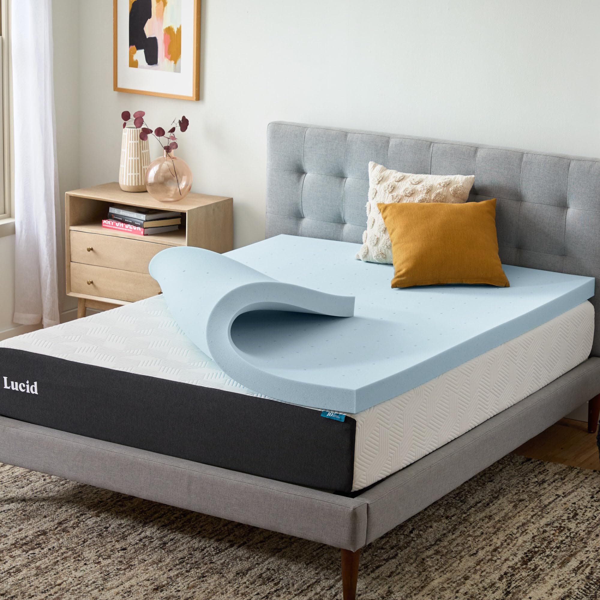 Lucid 3 Inch Gel Memory Foam Mattress Topper, Plush, Ventilated, Queen Size | De
