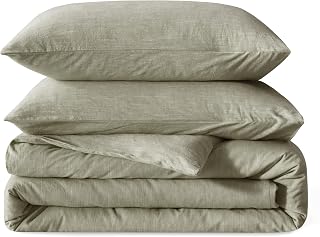 BFS Home Linen Duvet Cover Queen Size Soft Breathable Cotton Linen Blend 3 Piece Bedding Set with 2 Pillowcases Stonewashed Texture Green All Season Comfort