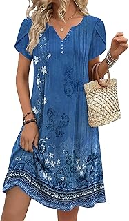 Zeagoo Women's Casual Dresses with Pockets Summer Floral V-Neck A-Line Tshirt Dress Short Sleeve Mini Dress Beach Sundress