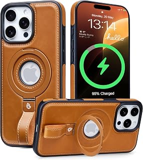 Butaiga for iPhone 16 Pro Case Leather Strap with Ring Stand, Brown