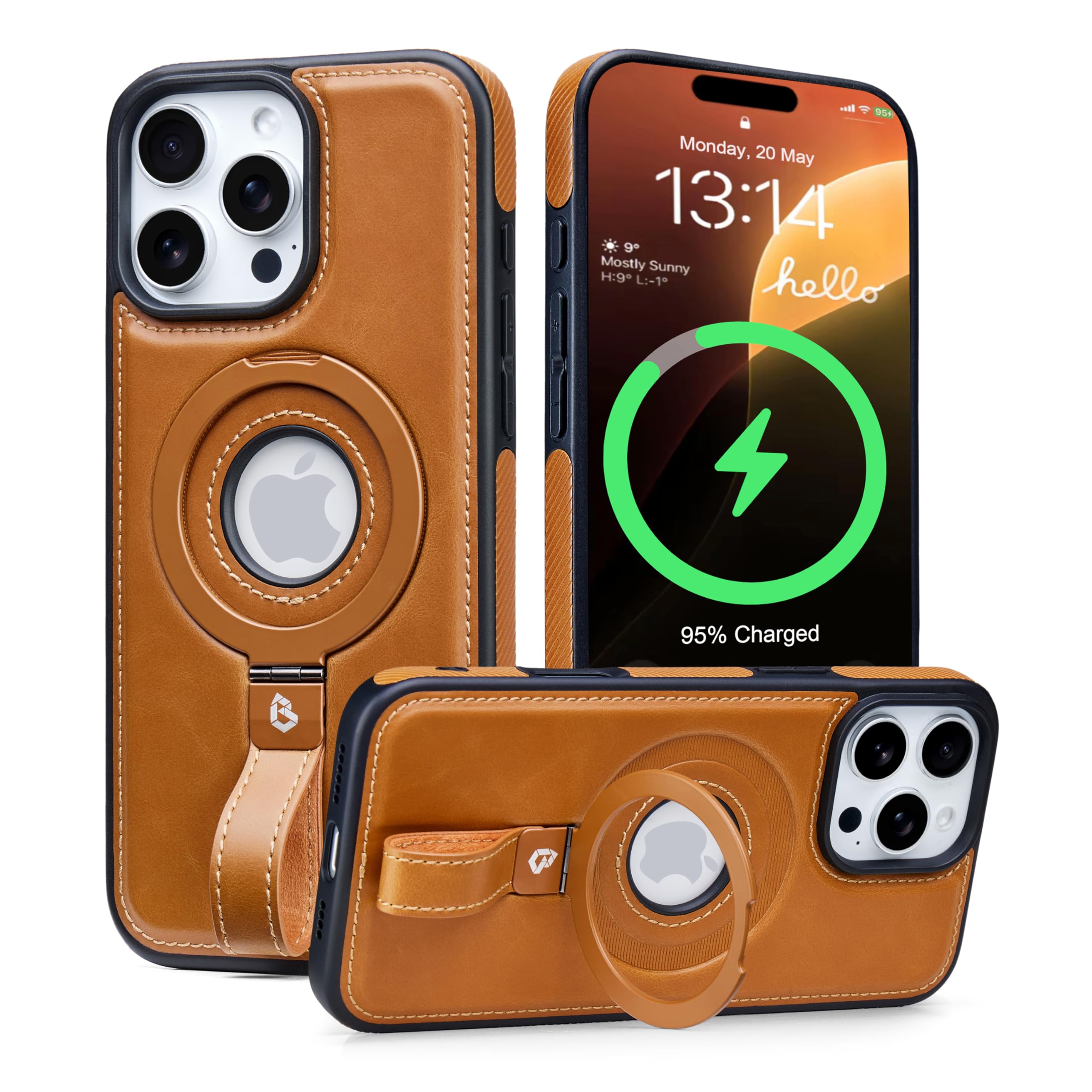 Butaiga for iPhone 16 Pro Case Leather Strap with Ring Stand, Brown