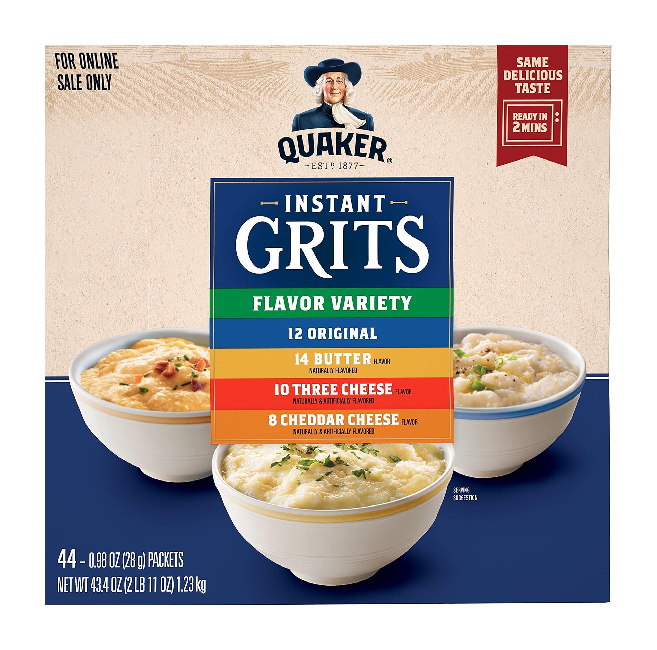 Quaker Instant Grits, 4 Flavor Variety Pack, 0.98oz Packets,44 Count (Pack of 1)