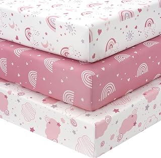 FIEMOL Baby Crib Sheets Girl, 3 Pack Toddler Bed Sheets Fitted 52”x28” | Super Soft Silky Smooth Microfiber, Standard Crib and Toddler Mattress Cover Pink Rainbow, Girl Nursery Bedding Essential