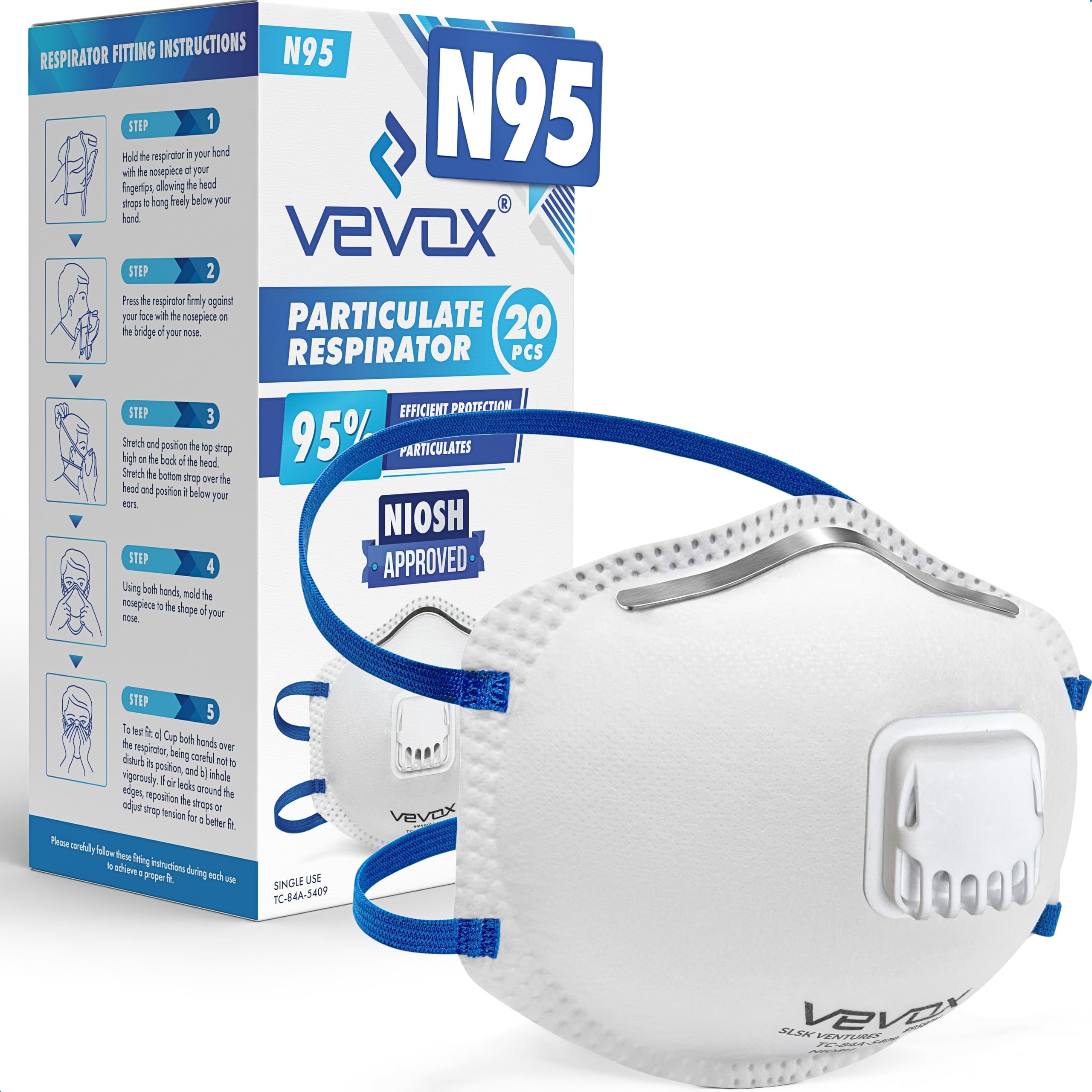 VEVOX™️ N95 Mask – NIOSH Approved – 10 or 20 Pack – Valved Particulate Respirato