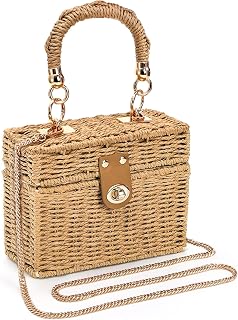 Noamus Square Straw Handbag, Vintage Women's Wicker Basket Bag, Handmade Rattan Crossbody Bag, Boho Tote Bag with Detachable Shoulder Strap for Summer Beach Casual Vacation Chic