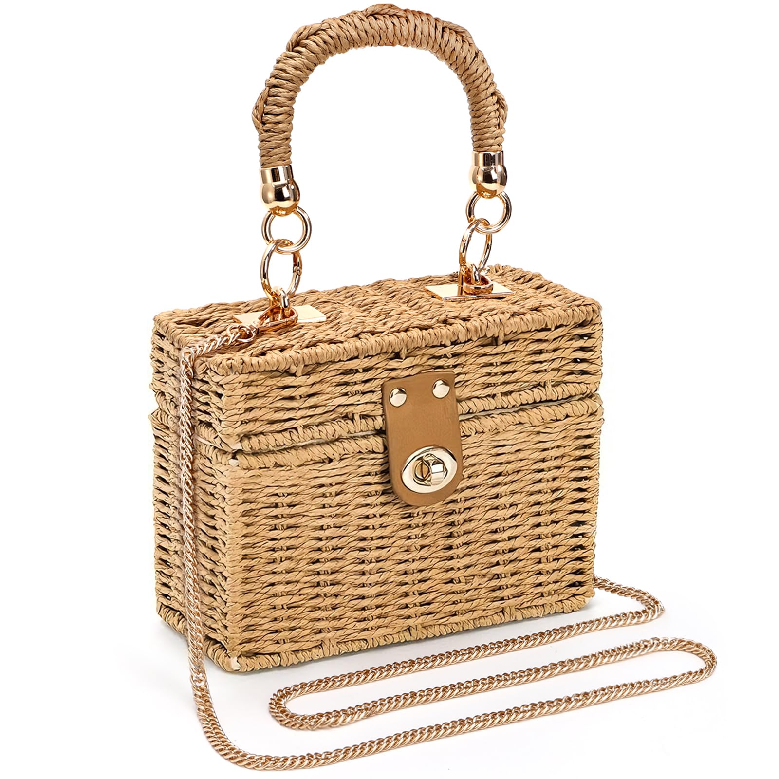 Noamus Square Straw Handbag, Vintage Women's Wicker Basket Bag, Handmade Rattan 
