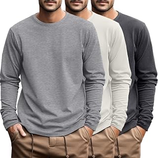 Ficerd 3 Pack Men's Plus Size T Shirts, Cotton Long Sleeve T-Shirts, Round Neck and Oversized Tops
