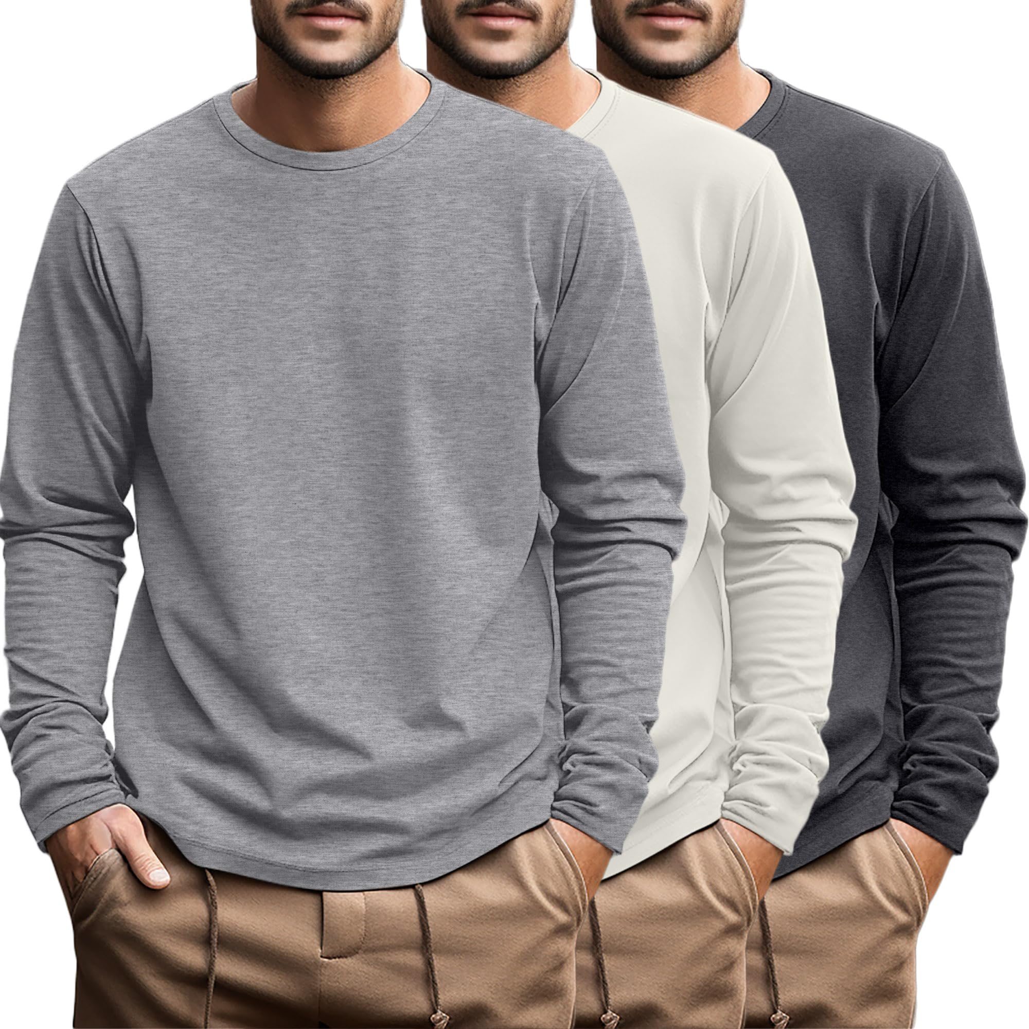 Ficerd 3 Pack Men's Plus Size T Shirts, Cotton Long Sleeve T-Shirts, Round Neck 