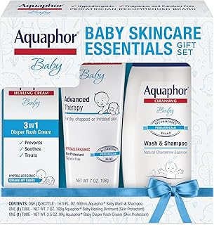 Aquaphor Baby Skin Care Essentials Gift Set, 3 Item Variety Pack | Baby Wash and Shampoo (16.9 FL OZ), Healing Ointment for Chapped Skin and Drool Rash (7 OZ), Diaper Rash Cream (3.5 OZ)