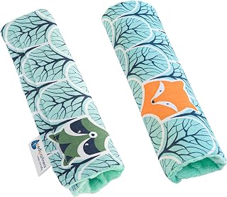 Medi Partners 2-Piece Car Seat Belt Cover, Child Car Seat Cushion 17 x 22 cm, 100% Cotton Minky Belts, Kids Seat Cover Protector (Forest with Minky Mint)