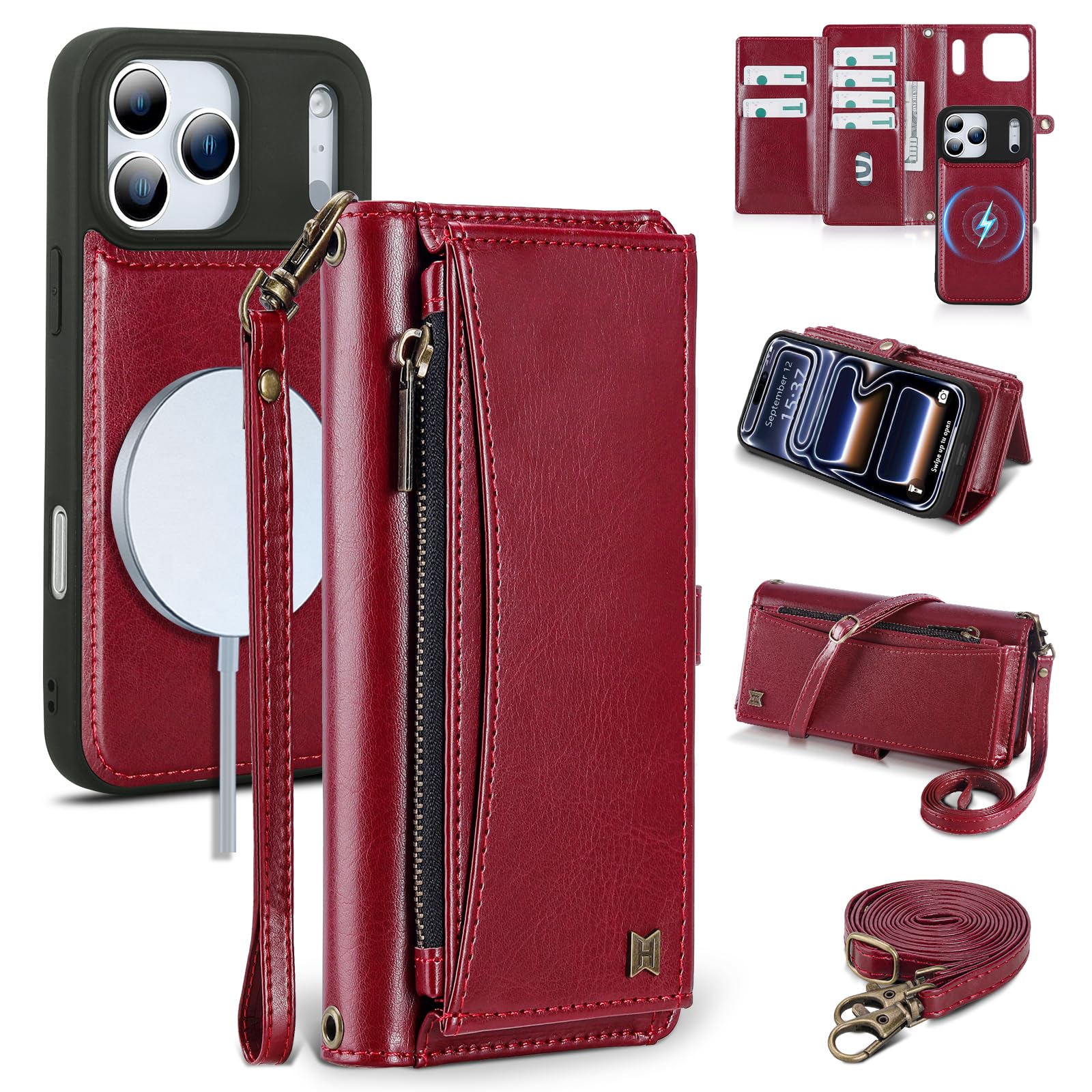 Wallet Case for iPhone 18 Pro / 17 Pro,RFID Blocking,Wine Red