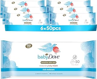 Baby Dove Rich Moisture Moisturising Baby Wipes, 6-Pack | Soft cleansing wipes, moisturising care, suitable for newborns and infants, resealable packs