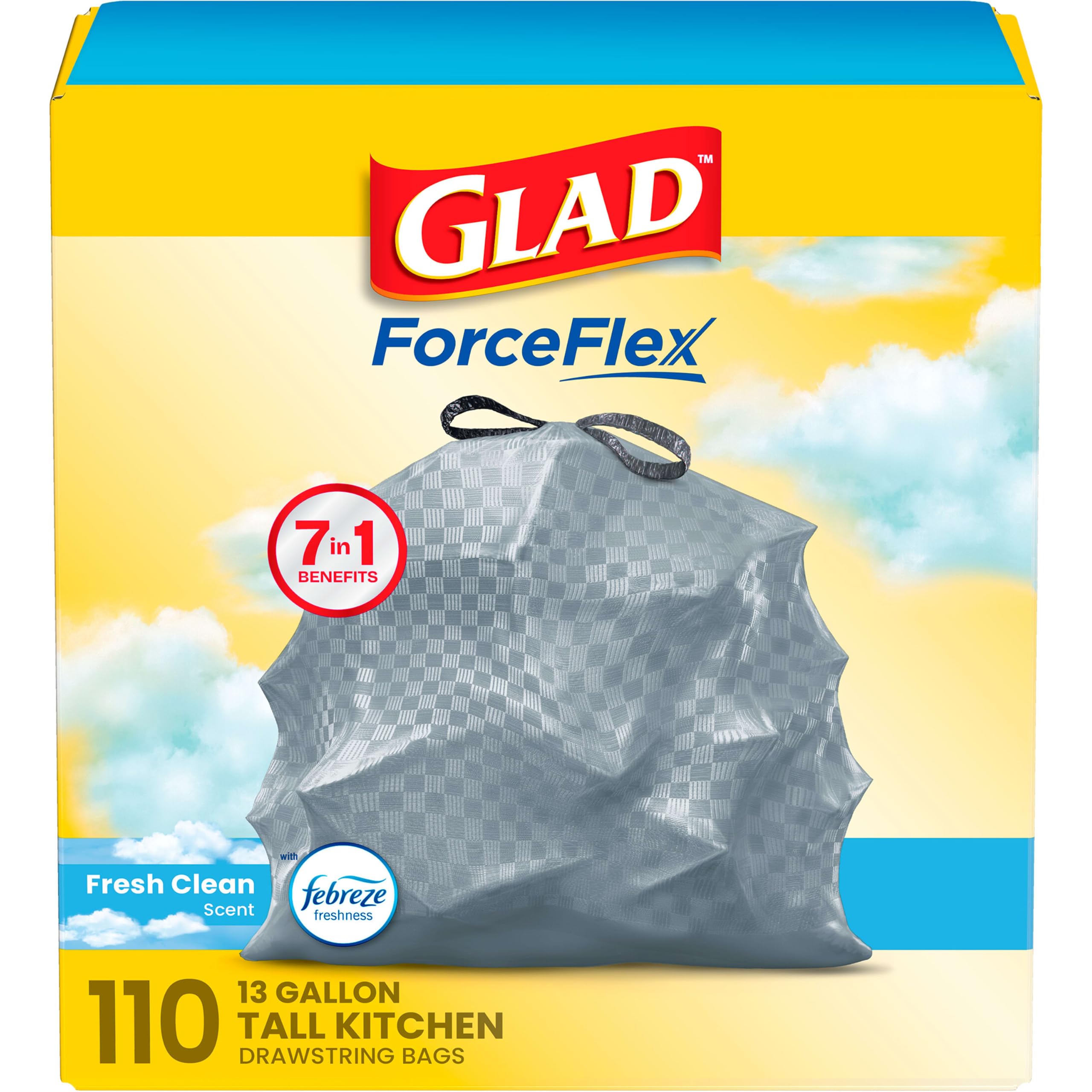 Glad Tall Kitchen Drawstring Trash Bags - Odorshield 13 Gallon White Trash Bag, 