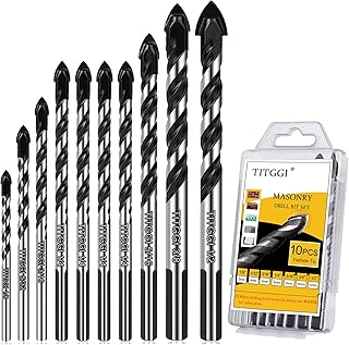 10-Piece Masonry Drill Bit Set & Concrete Drill Bit Set, 7 Sizes, 1/8"-1/2" | Carbide Drill Bits for Tile, Ceramic, Glass, Cement & Brick, Bath & Kitchen, Dual U-Groove, 3-Flat Shank, Standard Drill Fit