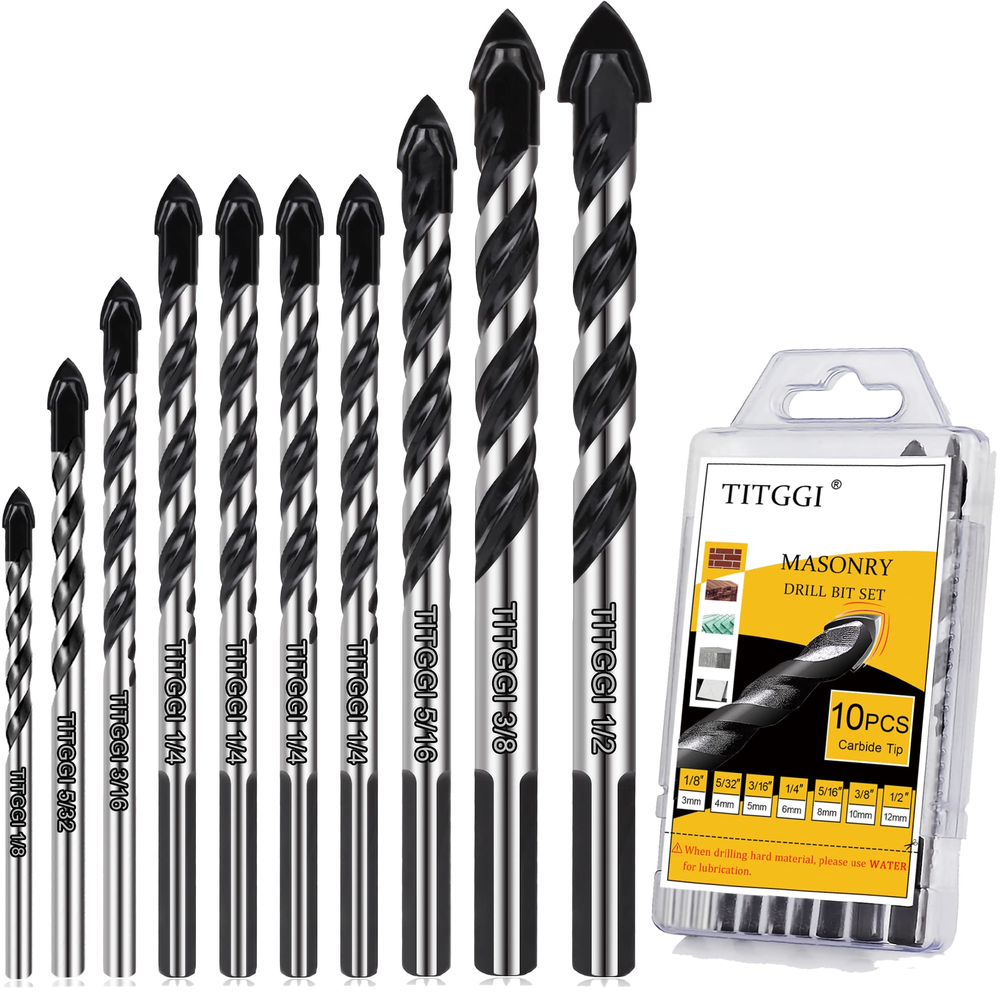 10-Piece Masonry Drill Bit Set & Concrete Drill Bit Set, 7 Sizes, 1/8"-1/2" | Ca