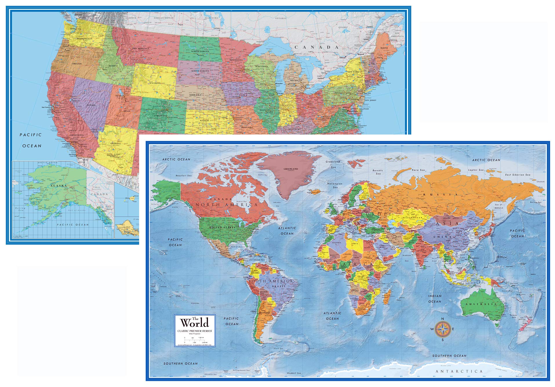 24x36 World and USA Classic Premier 3D Two Wall Map Set (Laminated)