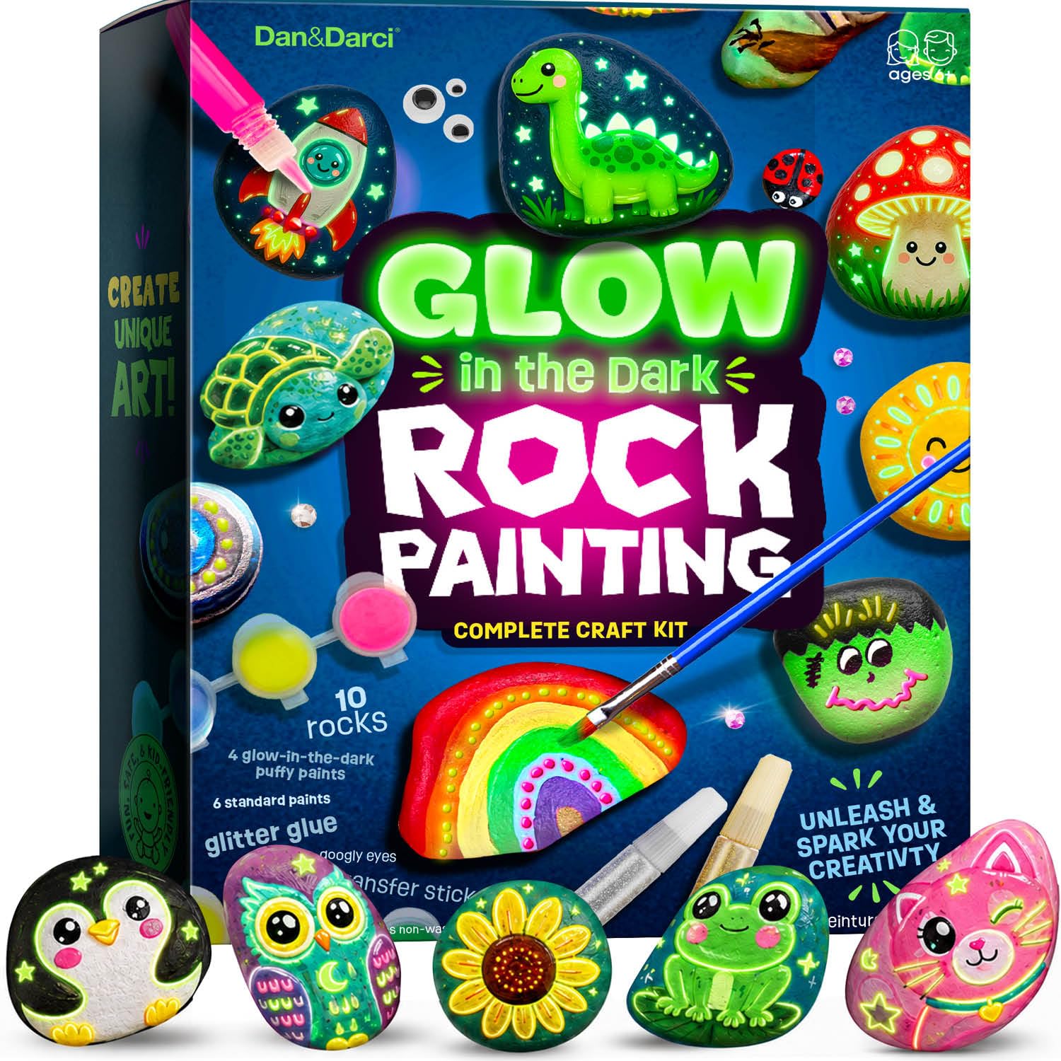 Dan&Darci Kids Rock Painting Kit - Glow in The Dark - Gifts Arts & Crafts for Bo