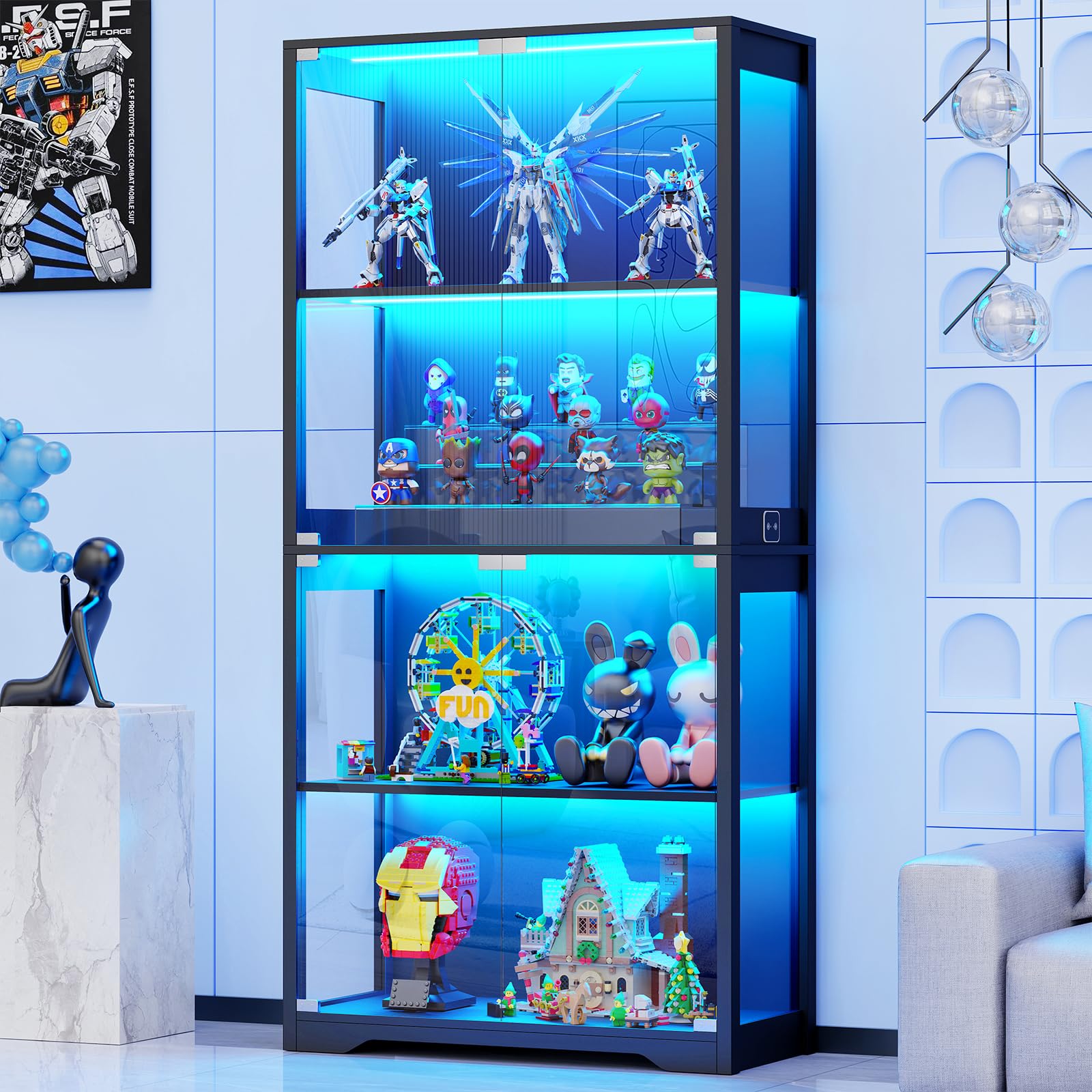 BROTTAR Display Cabinet with Glass Doors, 4-Tier Curio Cabinet with 3 Color Ligh