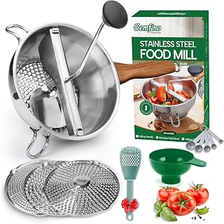 Stainless Steel Food Mill With 3 Milling Discs,Ergonomic design Rotary hand crank,Wood Grain Handle Food Mills For Tomato Sauce,Potatoes,Jams,With Funnel,Multifunctional Spoon,Blue MW-N02