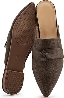 Flat Mules for Women: Pointed Toe Slip On Bow Backless Mules - Non Slip Cushioned Dressy Work Shoes - Lightweight Comfortable Office Business Walking Flats