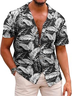 COOFANDY Men's Floral Print Button Down Short Sleeve Shirt, C- White