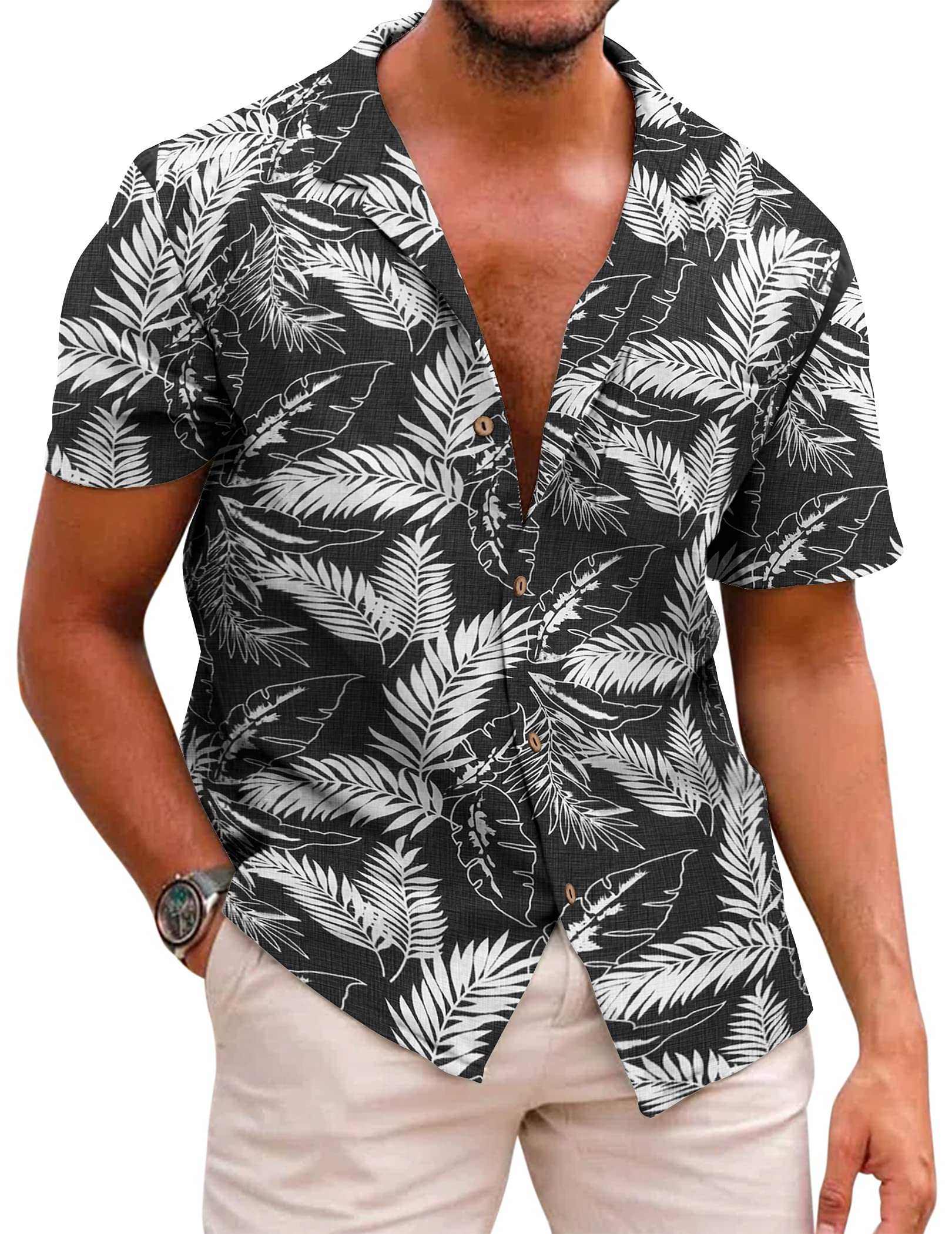 COOFANDY Men's Floral Print Button Down Short Sleeve Shirt, C- White
