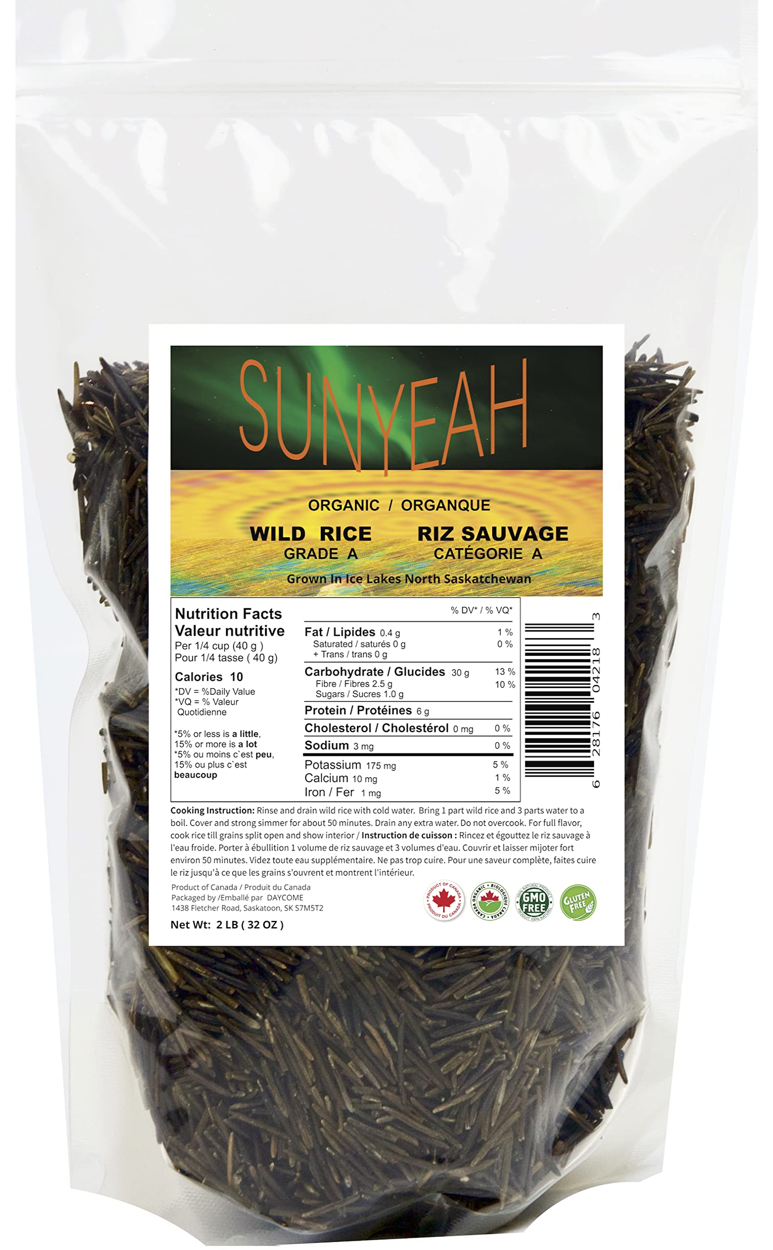SUNYEAH Organic Wild Rice, 2 LB, Grade A, Full Grain（Around 10-15mm）, Canadian N
