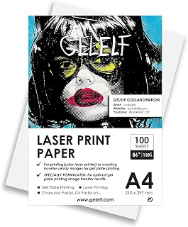 Gelelf A4 Laser Print Paper 100 Sheets (128g) for DIY Printing or Creating Transfer-Ready Images for Gel Plate making Arts, Monoprinting, Block Printing-Artist Paper
