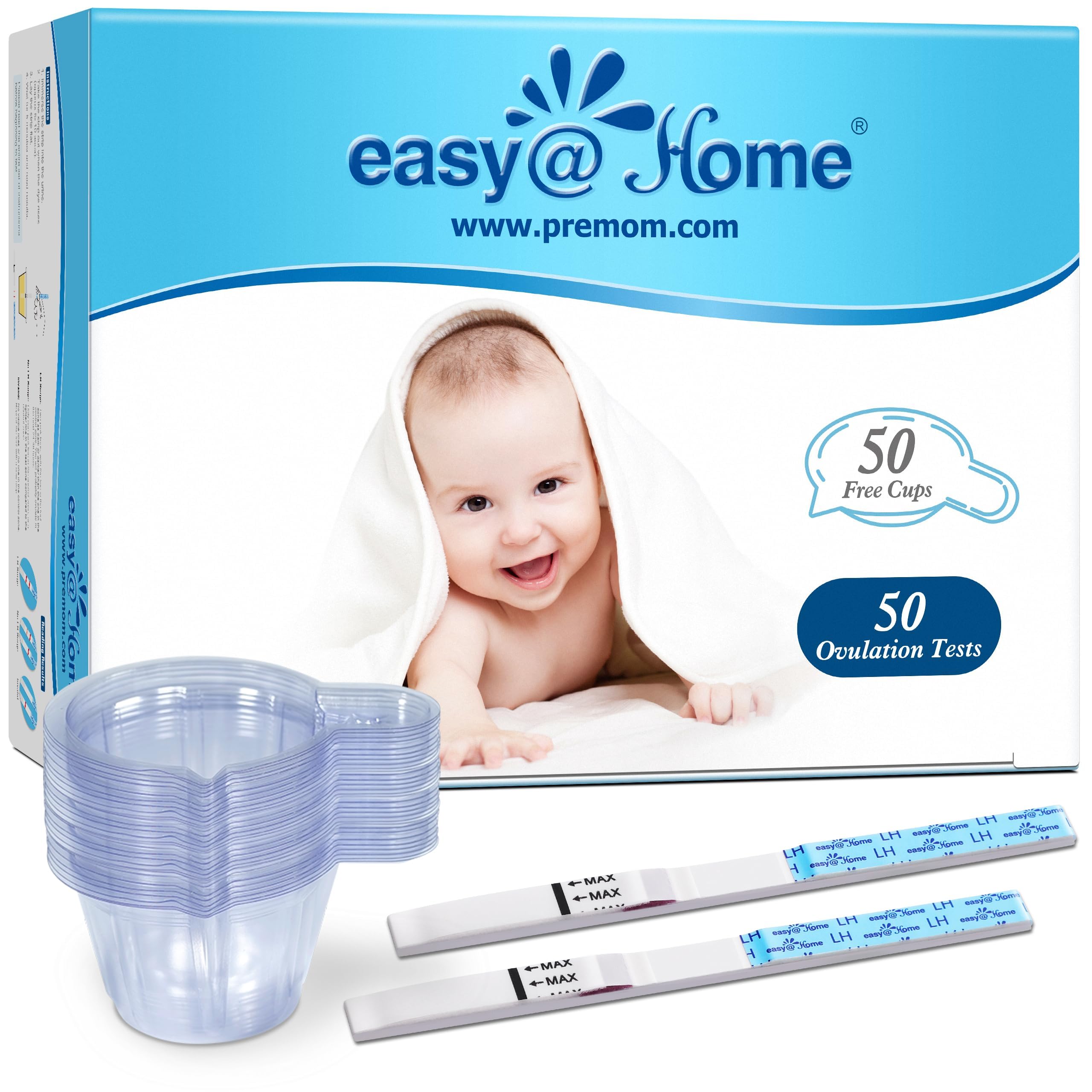 easy@Home Ovulation Predictor Kit, 50 LH Test Strips with 50 Urine Cups | Fertil