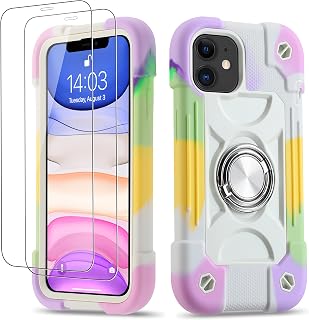 for iPhone 11 Case 6.1 Inch with Ring Stand, with 2 Pack Glass Screen Protector ，Heavy-Duty Shockproof Rugged Military Grade Cover with Magnetic Car Mount for iPhone 11 (Rainbow White)