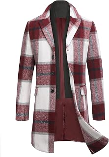COOFANDY Men's wool blend coat with detachable plaid scarf, notched collar, single breasted pea coat