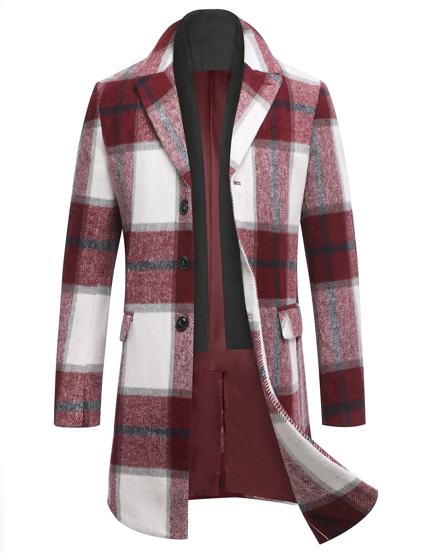 COOFANDY Men's wool blend coat with detachable plaid scarf, notched collar, sing