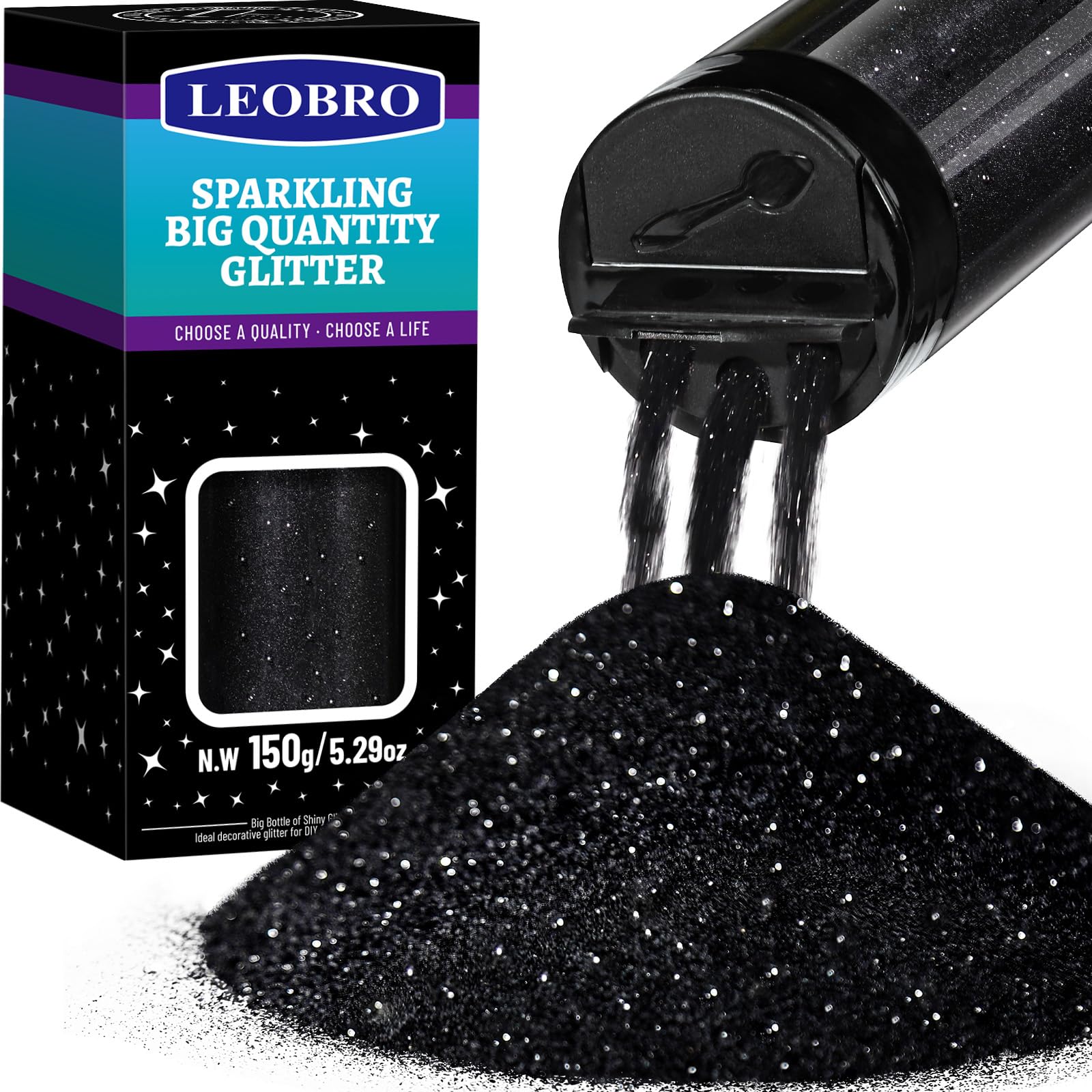 LEOBRO Black Glitter, 150g/5.29oz Black Fine Glitter for Crafts, Resin, DIY Arts