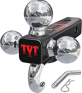 TYT Tri-Ball Hitch Ball Mount for 2-Inch Receiver, 10,000 lbs GTW | 1-7/8", 2" & 2-5/16" Balls with Built-In Tow Hook, Up to 10,000 lbs GTW / 1,000 lbs TW, Hitch Pin Included