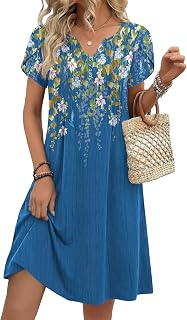 Zeagoo Women's Casual Dresses with Pockets Summer Floral V-Neck A-Line Tshirt Dress Short Sleeve Mini Dress Beach Sundress