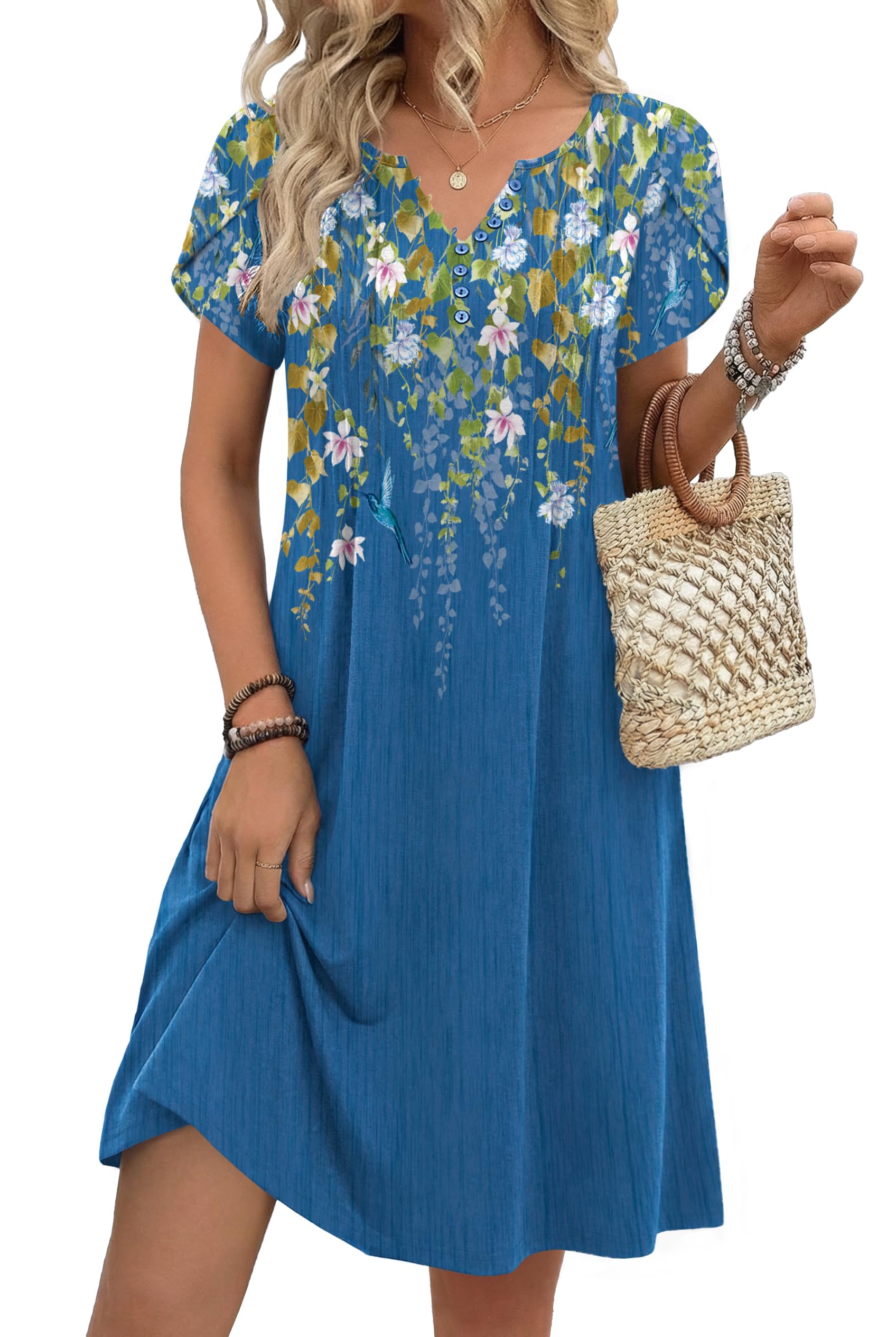 Zeagoo Women's Casual Dresses with Pockets Summer Floral V-Neck A-Line Tshirt Dr