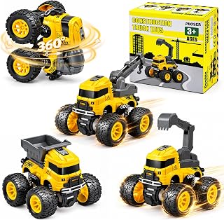 4 Pcs Construction Monster Truck Toys, Monster Trucks Friction Powered Car | Excavator, Mixer, Crane, Dump Trucks Toy, Push & Go 360° Rotating Car for Toddlers Kids Xmas Birthday Gifts for 3+ Boys Girls