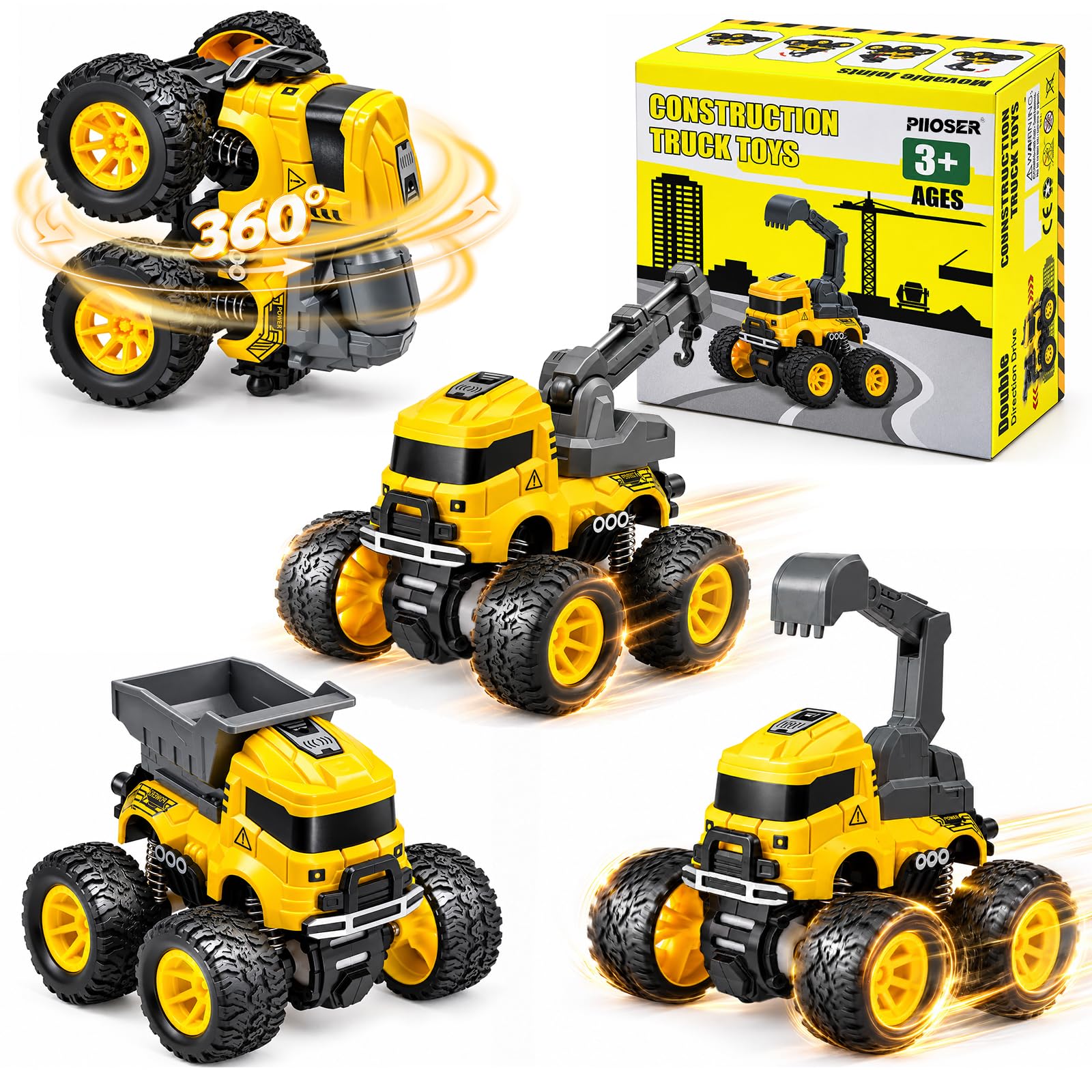 4 Pcs Construction Monster Truck Toys, Monster Trucks Friction Powered Car | Exc