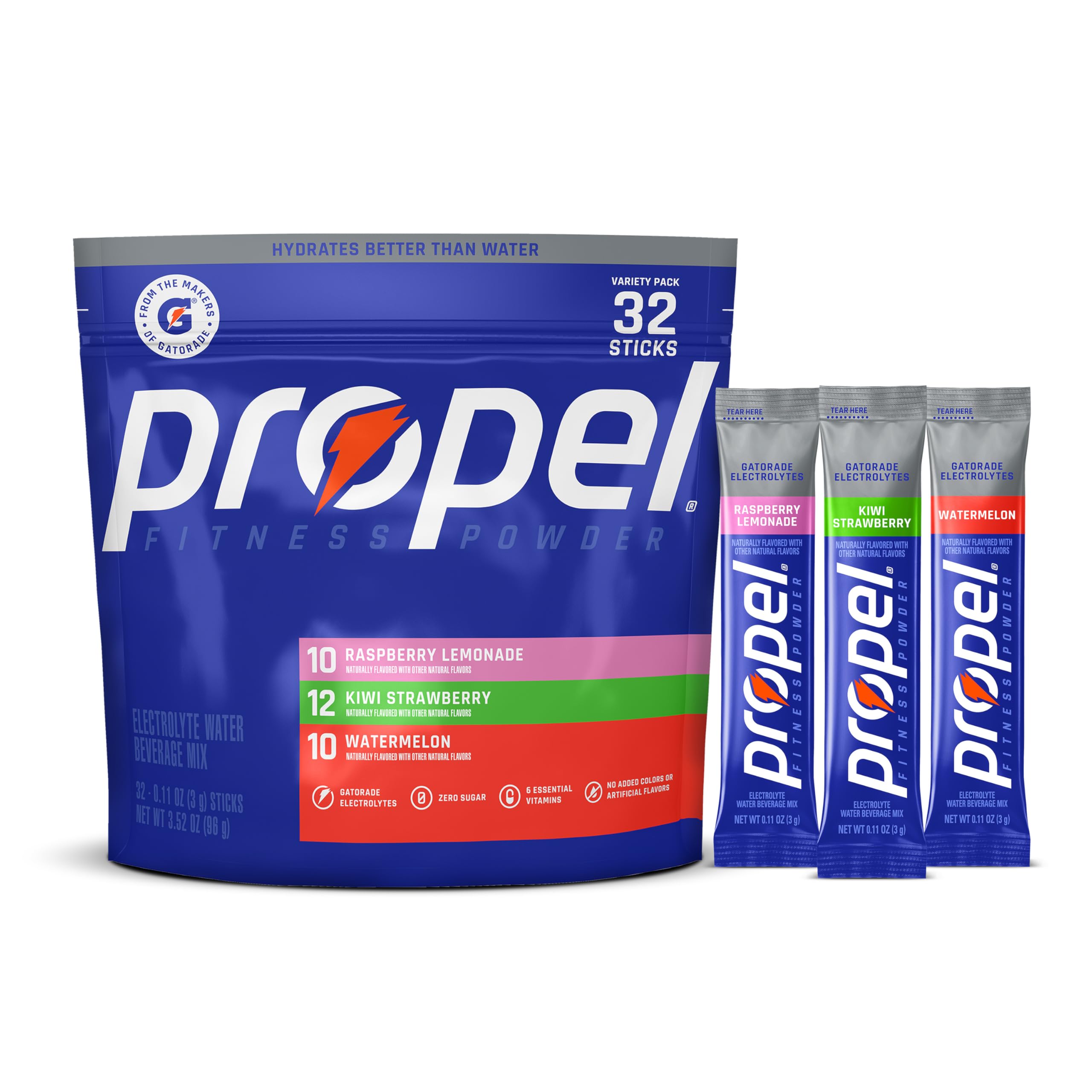 Propel Electrolyte Powder Drink Mix, 3 Flavor Variety Pack, (32 Servings) | Zero