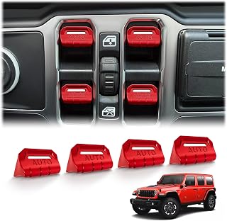 Polodunn 4PCS Premium Aluminum Window Decorative Switch Ring Trims Button Cover Set for Jeep Wrangler JL JLU 2018-2025 2026 &amp; Gladiator JT 2020-2026 Accessories - Metal Finish, Interior Upgrade (Red)