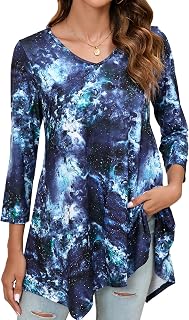Enmain Women's Tunic Long Plus Size 3/4 Sleeve Blouse Chic Elegant V-Neck Patterned Tunic Solid Color Loose Top for Women